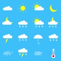 Weather icon set. Colorful weather forecast symbols: clouds, sun, moon, rain. Vector illustration. Royalty Free Stock Photo